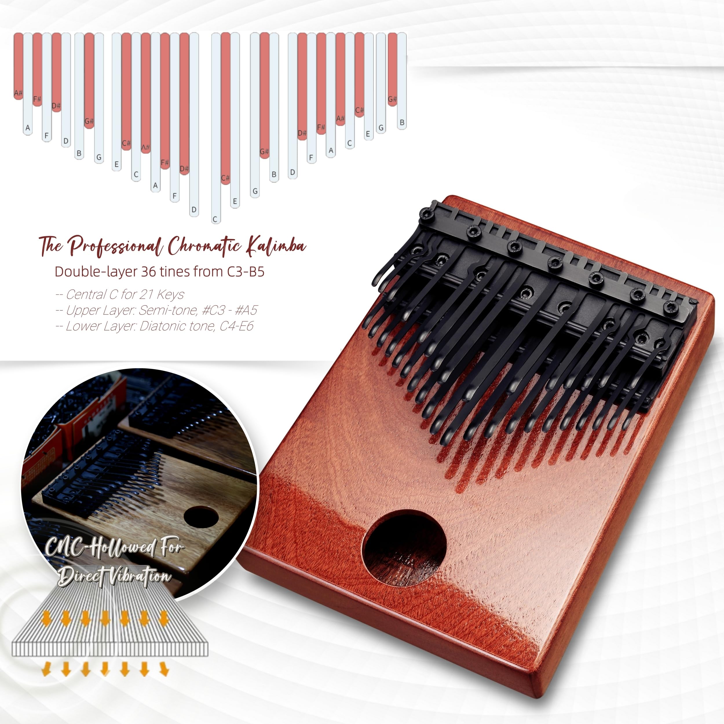 MOOZICA 36 Keys Chormatic Kalimba, Double-layer Solid Mahogany